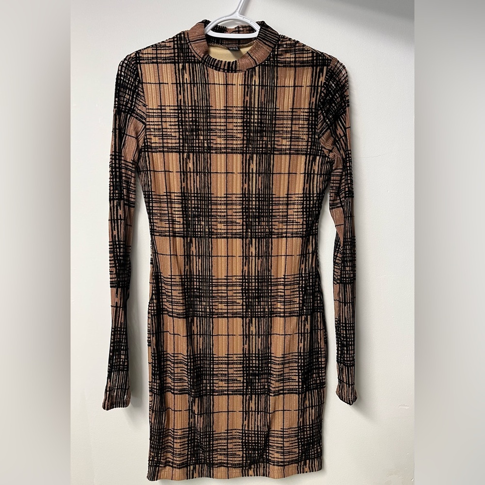 SHEIN Black and Tan Plaid Long Sleeve Dress
